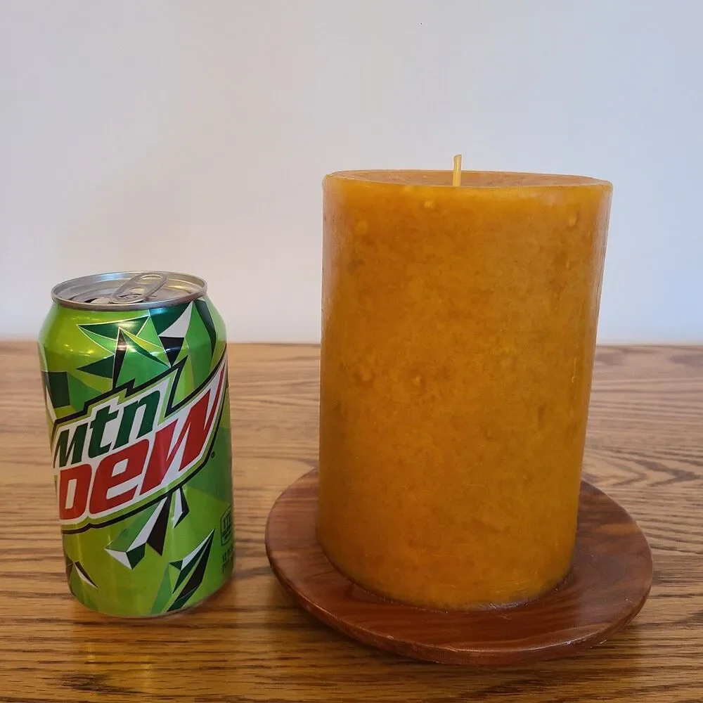 Vintage One Wick Pillar Candle With Red Cedar Wood Under-Plate Gold Amber Orange